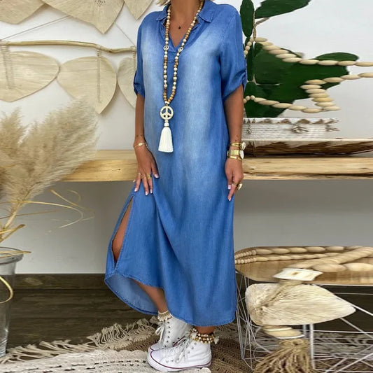 Andrea™ – Lange jurk in jeanslook met zijsplit