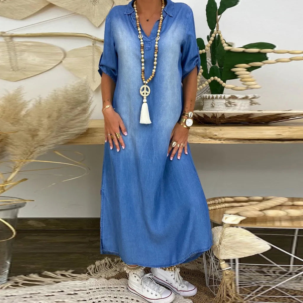 Andrea™ – Lange jurk in jeanslook met zijsplit