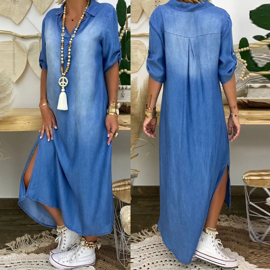 Andrea™ – Lange jurk in jeanslook met zijsplit
