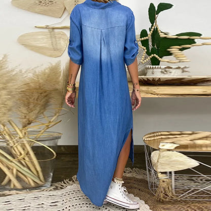 Andrea™ – Lange jurk in jeanslook met zijsplit