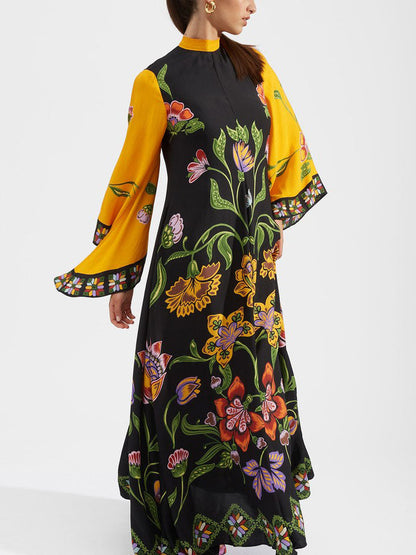 Exquise Zonnebloem Print Vloeiende Maxi Jurk