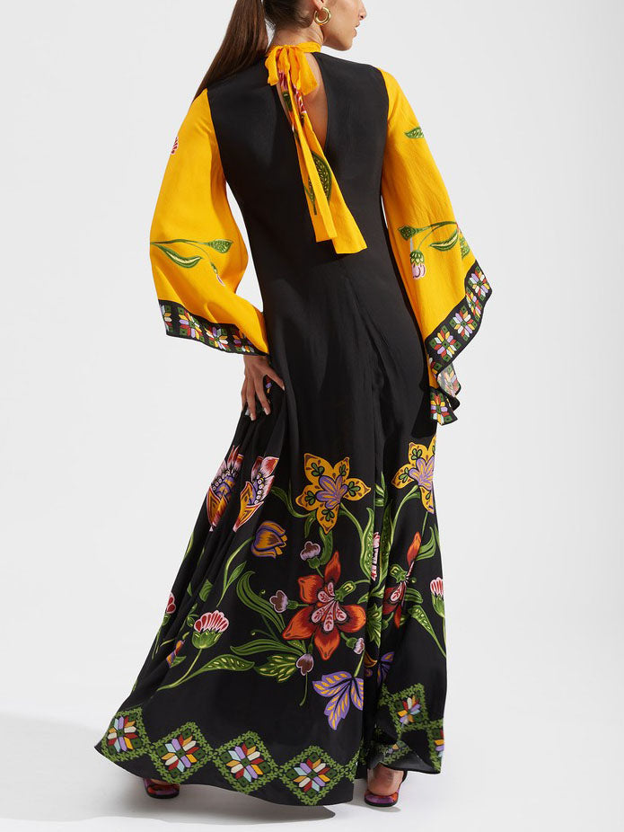 Exquise Zonnebloem Print Vloeiende Maxi Jurk