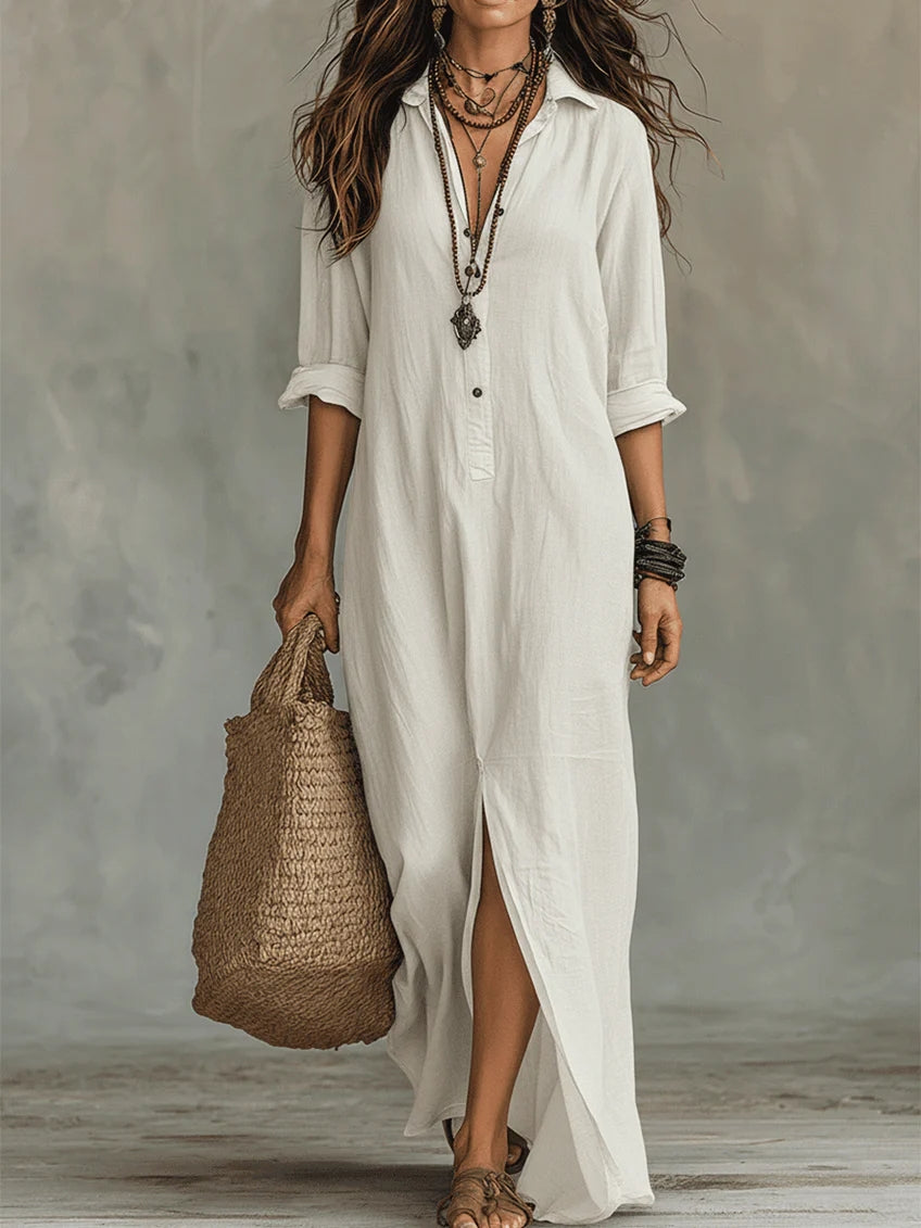Soline™ | Maxi Zwart Lange Jurk met Knopen