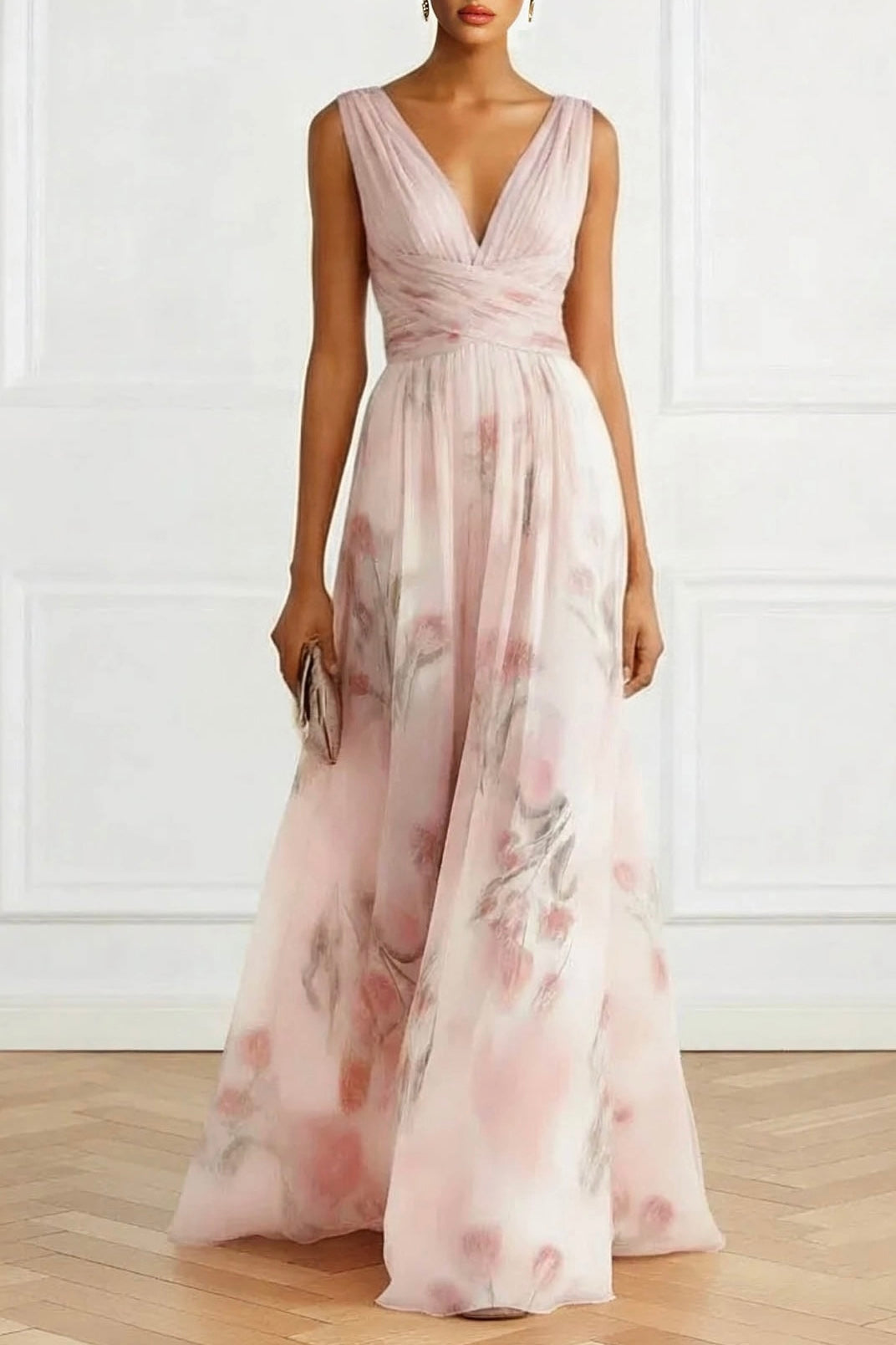 Elegante V-hals Bloemenprint Tulle Maxi Jurk