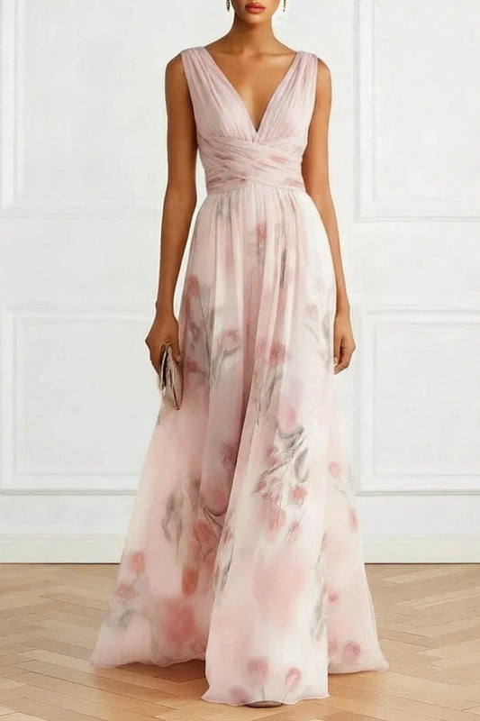 Elegante V-hals Bloemenprint Tulle Maxi Jurk