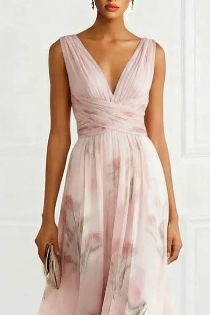 Elegante V-hals Bloemenprint Tulle Maxi Jurk
