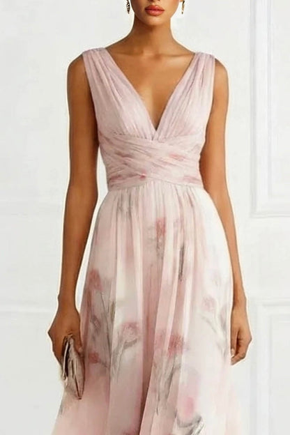 Elegante V-hals Bloemenprint Tulle Maxi Jurk