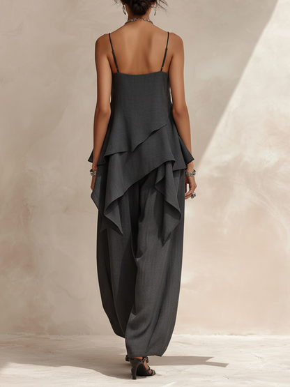 Donkergrijze Linnenmix Cami & Brede Pantalon Set | Asymmetrische Vloeiende Twee-delige Set
