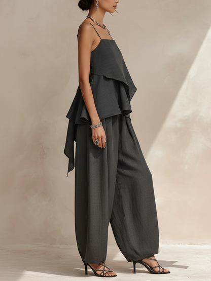 Donkergrijze Linnenmix Cami & Brede Pantalon Set | Asymmetrische Vloeiende Twee-delige Set