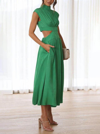 Cut-out Taille Pocketed Vakantie Midi Jurk