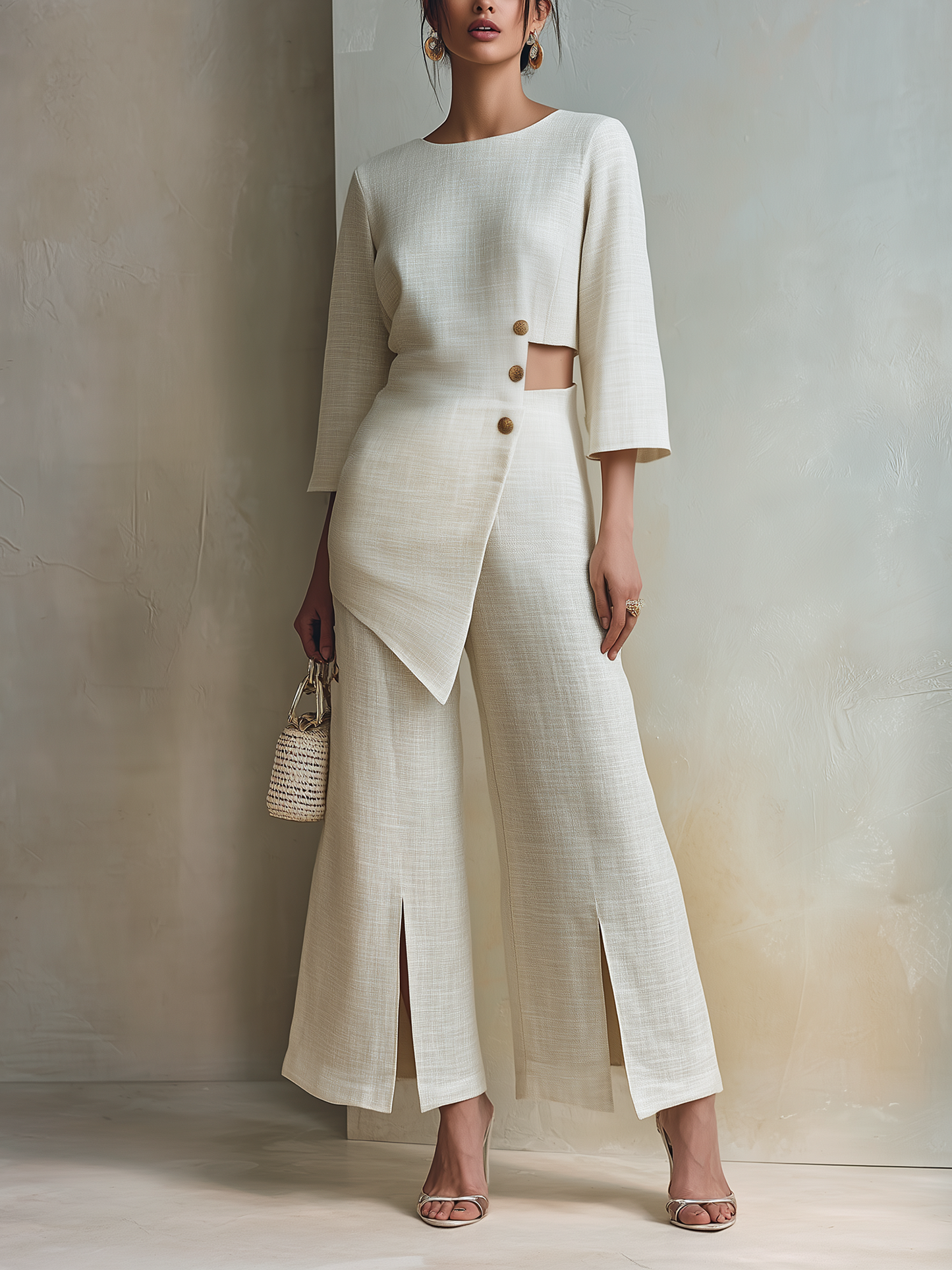 Asymmetrische Cutout Linnenmix Twee-delige Wijde Pantalon Set