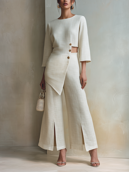 Asymmetrische Cutout Linnenmix Twee-delige Wijde Pantalon Set