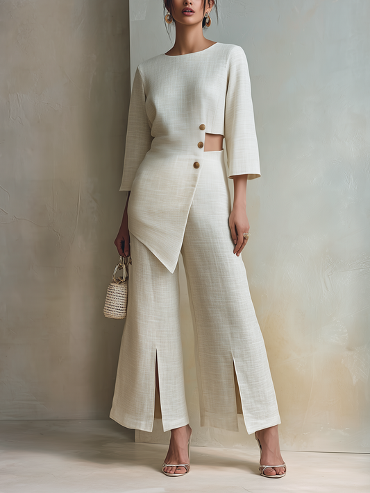 Asymmetrische Cutout Linnenmix Twee-delige Wijde Pantalon Set