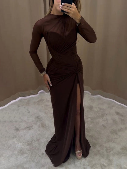 Elegante Drapé Lange Mouwen Maxi Jurk
