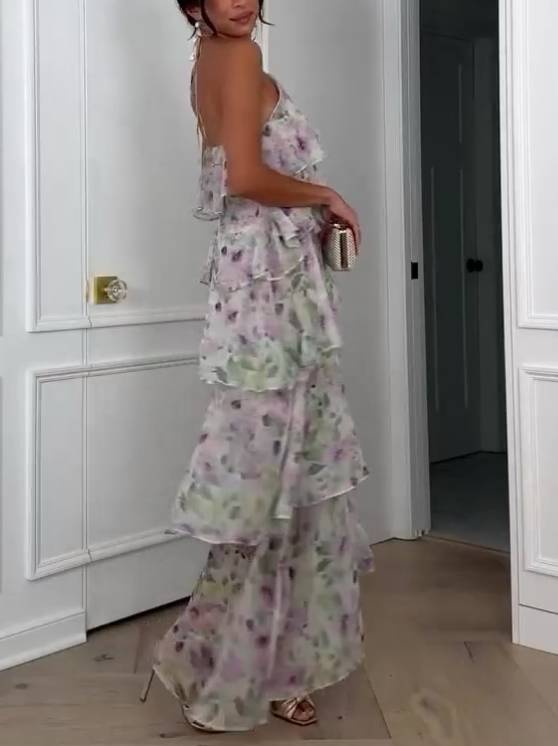 Halter Nek Meerlaagige Rimpel Bloemenprint Jurk