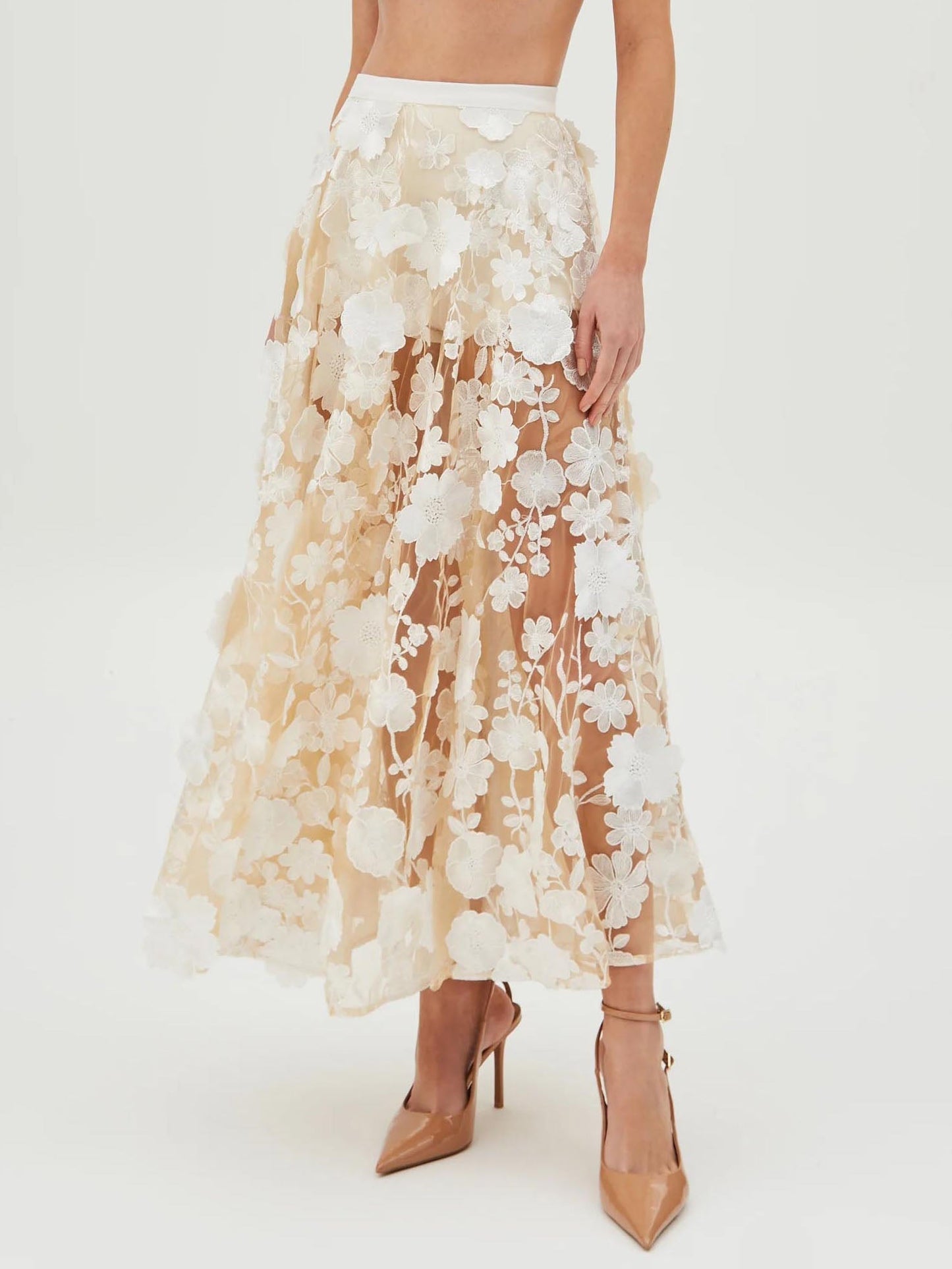 Exquise Bloemgeborduurde Transparante Maxi Rok
