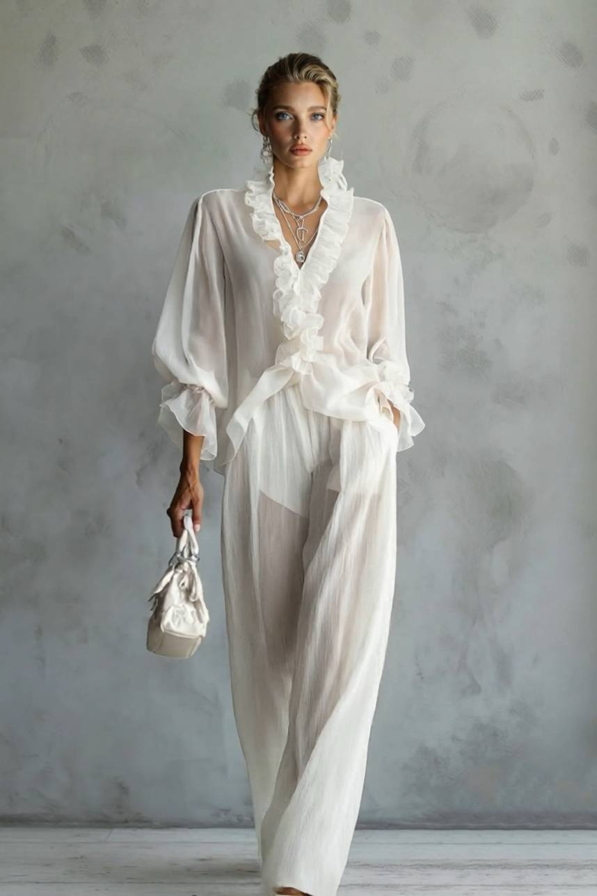 Kanten Lange Mouwen Shirt En Wijde Pantalon Set