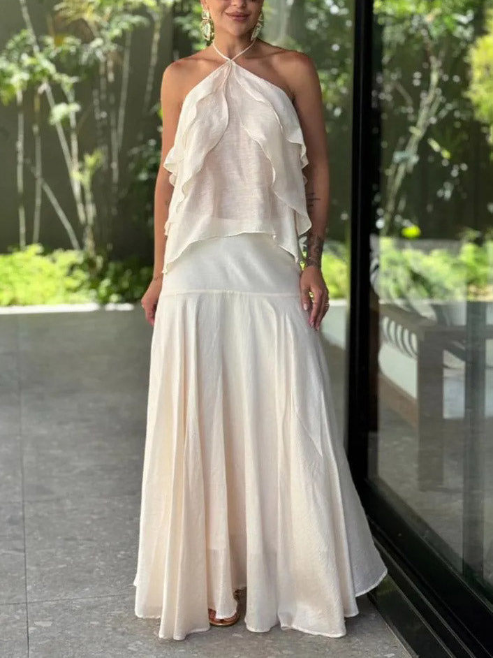 Elegante Halter Ruffle Top & Vloeiende Maxi Rok Twee-delige Set