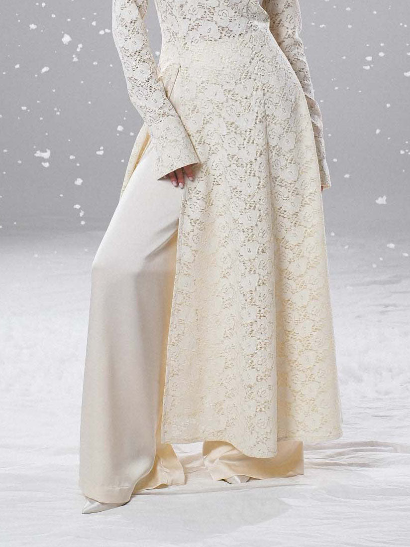 Elegante Hoge Hals Kant Robe & Broek Twee-delige Set