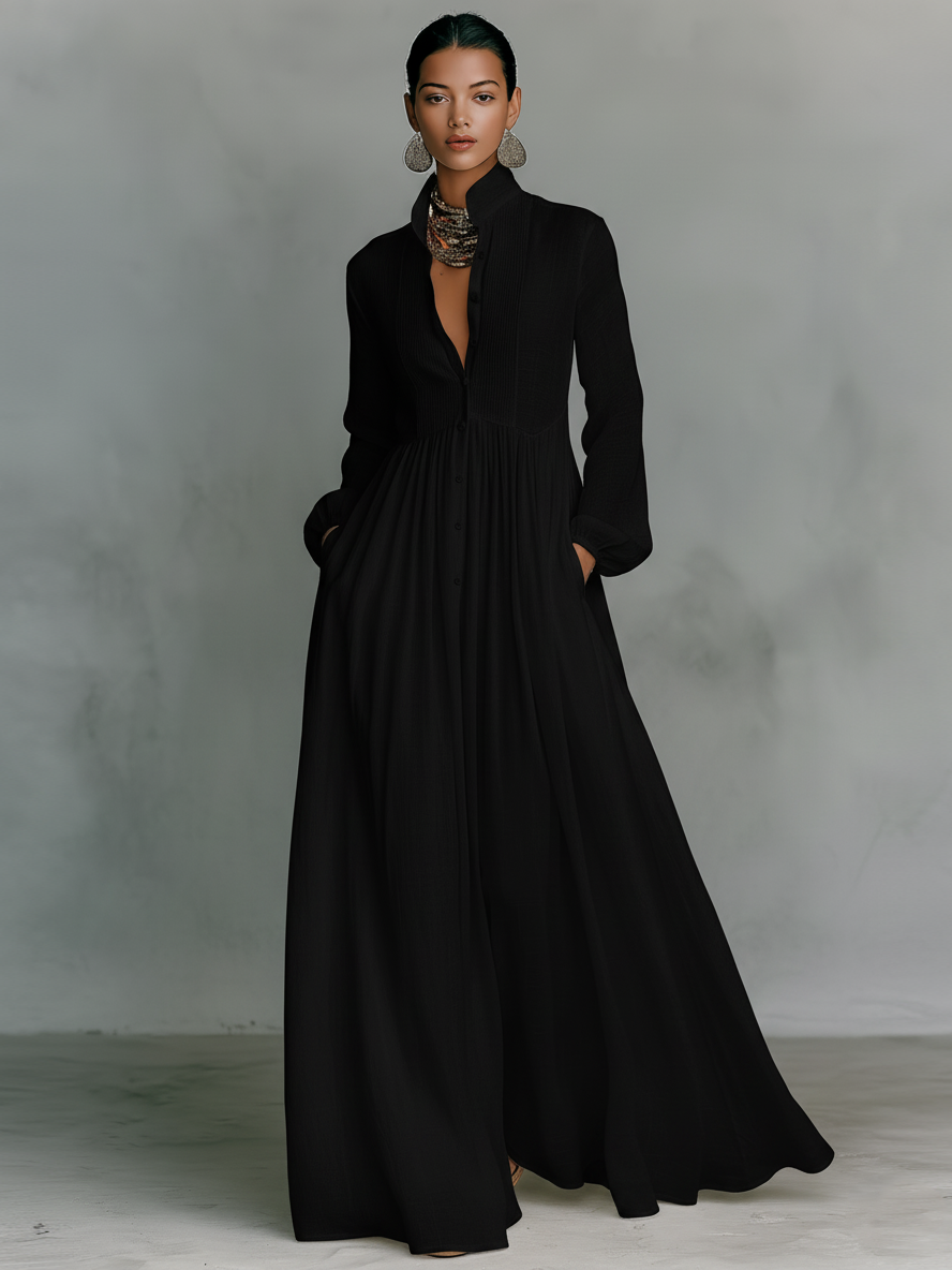 Marta - Maxi-jurk van linnen met patchworkdetails en hoge hals