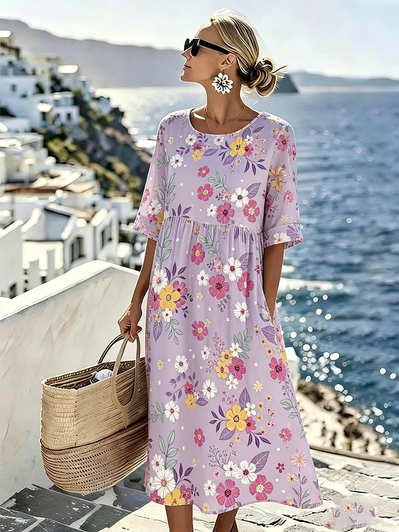 Gaia | Elegante Midi Jurk met Bloemen voor de Zomer