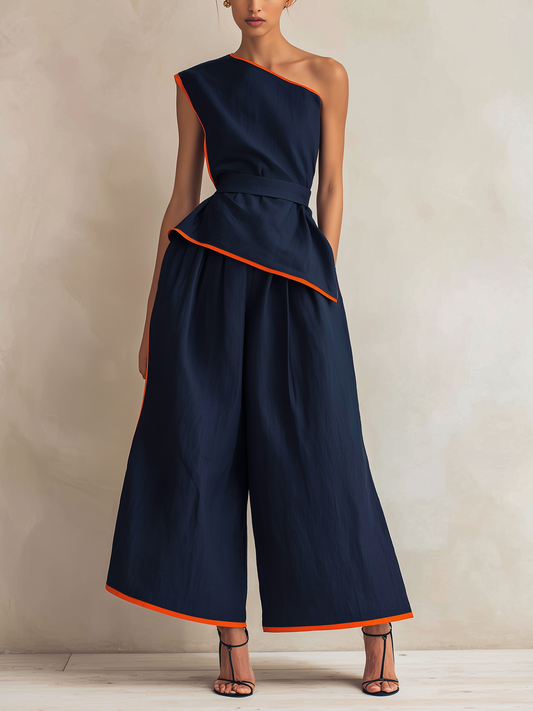 Asymmetrische Eén-Schouder Contrast Oranje Piping Geknoopte Brede Pijpen Tweedelige Set