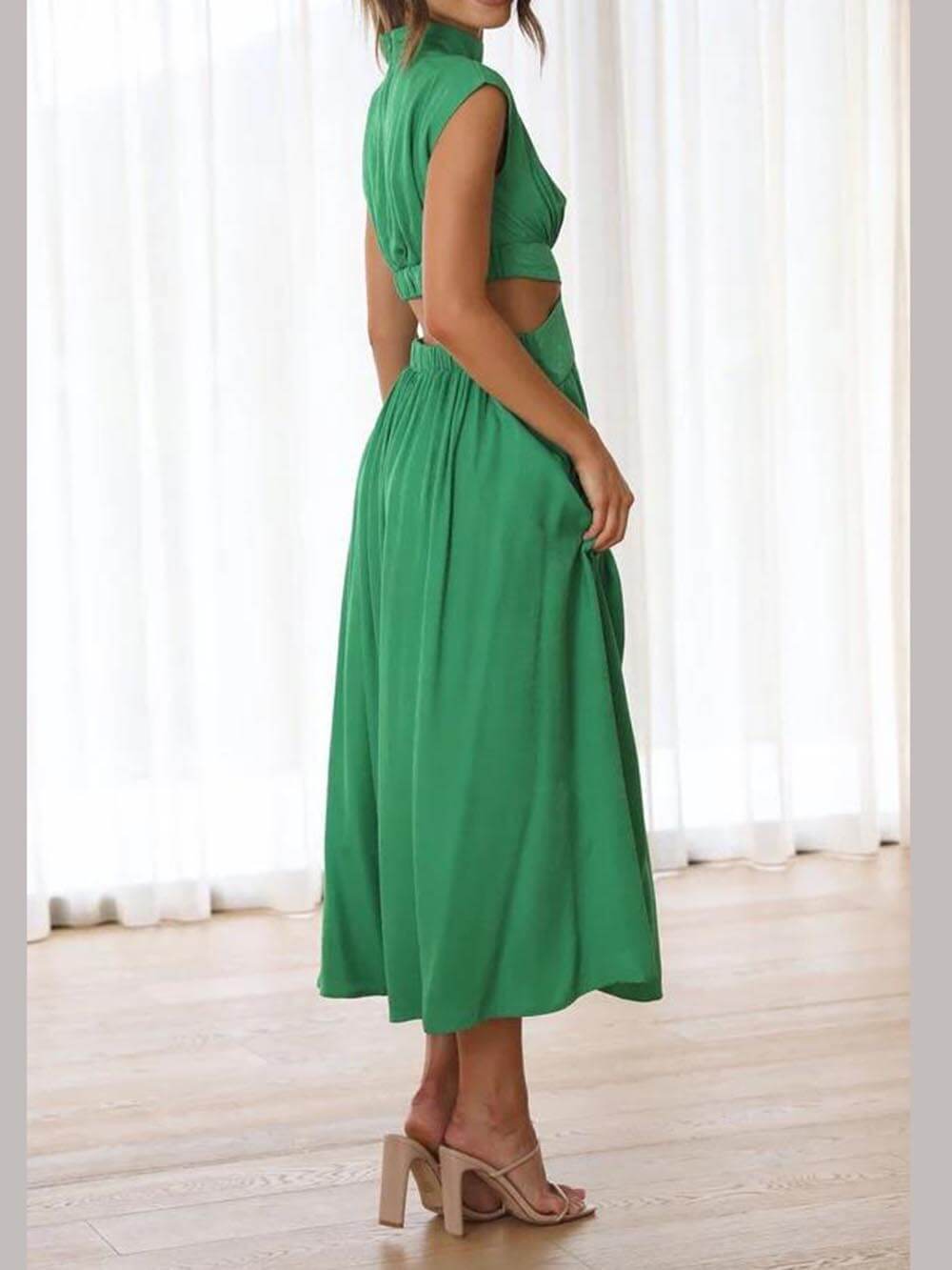 Cut-out Taille Pocketed Vakantie Midi Jurk
