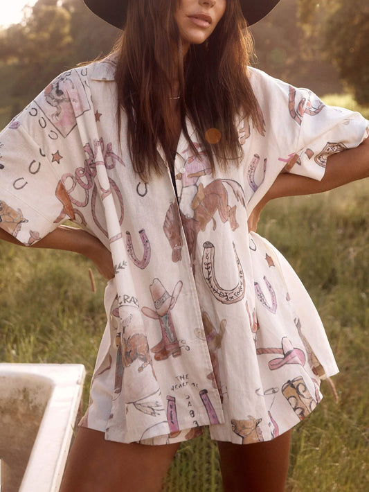 Overhemd met korte mouwen en short met westerse print, losse tweedelige set