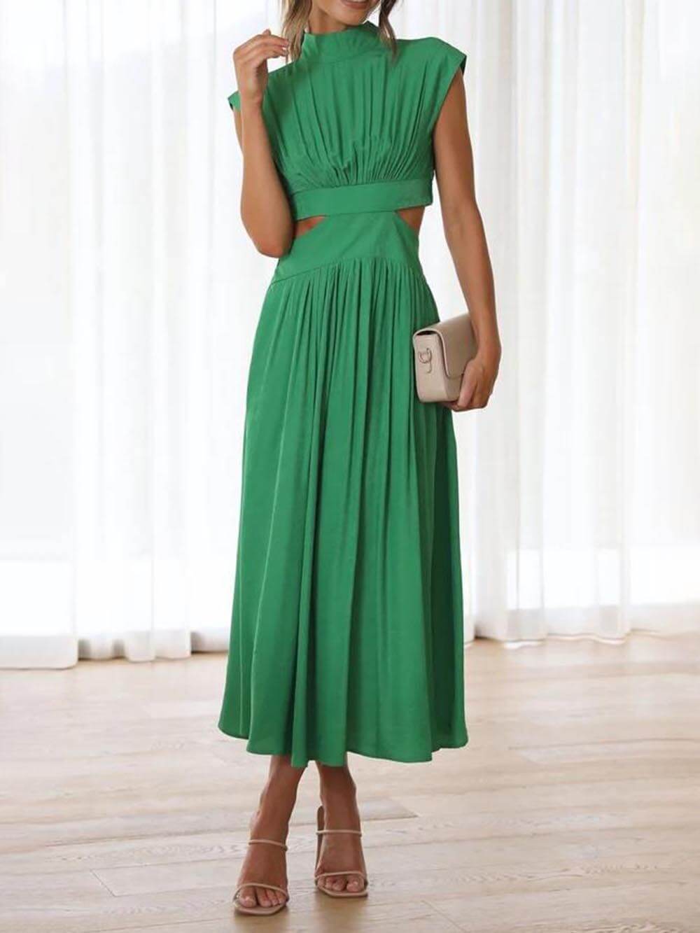 Cut-out Taille Pocketed Vakantie Midi Jurk