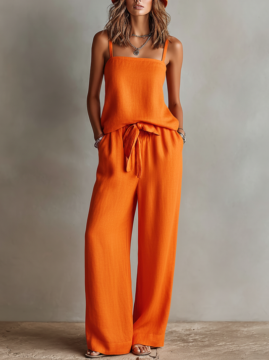 Vrouwen Oranje Linnen Twee-Delige Set Met Vierkante Hals Cami Top & Trousers Met Strik Taille, Tijdloze Boho-Resort Stijl Set MDZ0825D5I