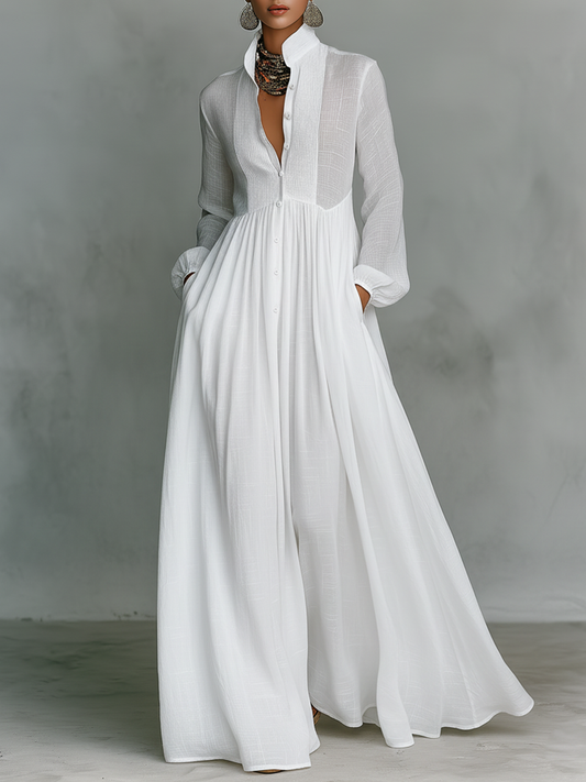 Patchwork Maxi Jurk Met Staande Kraag
