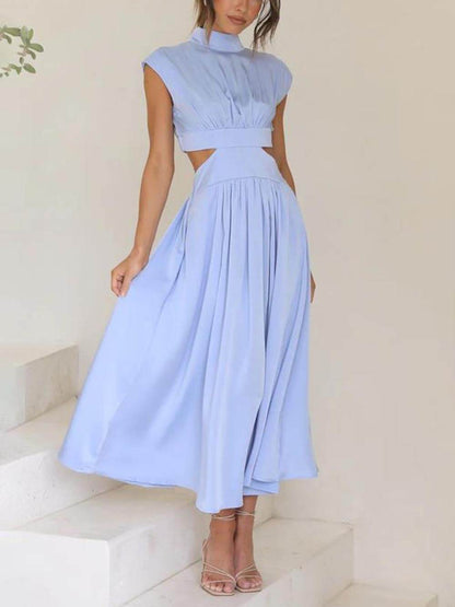 Cut-out Taille Pocketed Vakantie Midi Jurk