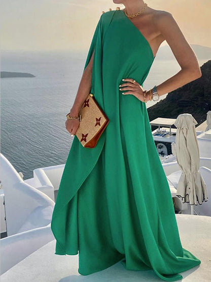 Modieuze Effen Kleur Losse One Shoulder Maxi Jurk