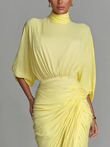 Elegante Hoge Hals Halve Mouw Geplooide Maxi Jurk