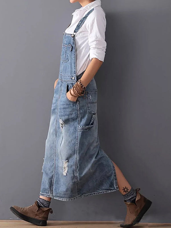 Frayla™ – Versleten Jeansjurk met Split Achter