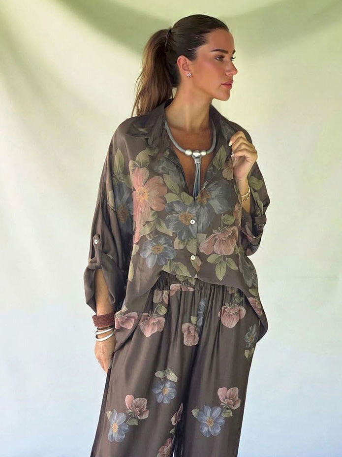 Retro Bloemenprint Overhemd met Kraag & Elastische Taille Wijde Broek Twee-Delige Set
