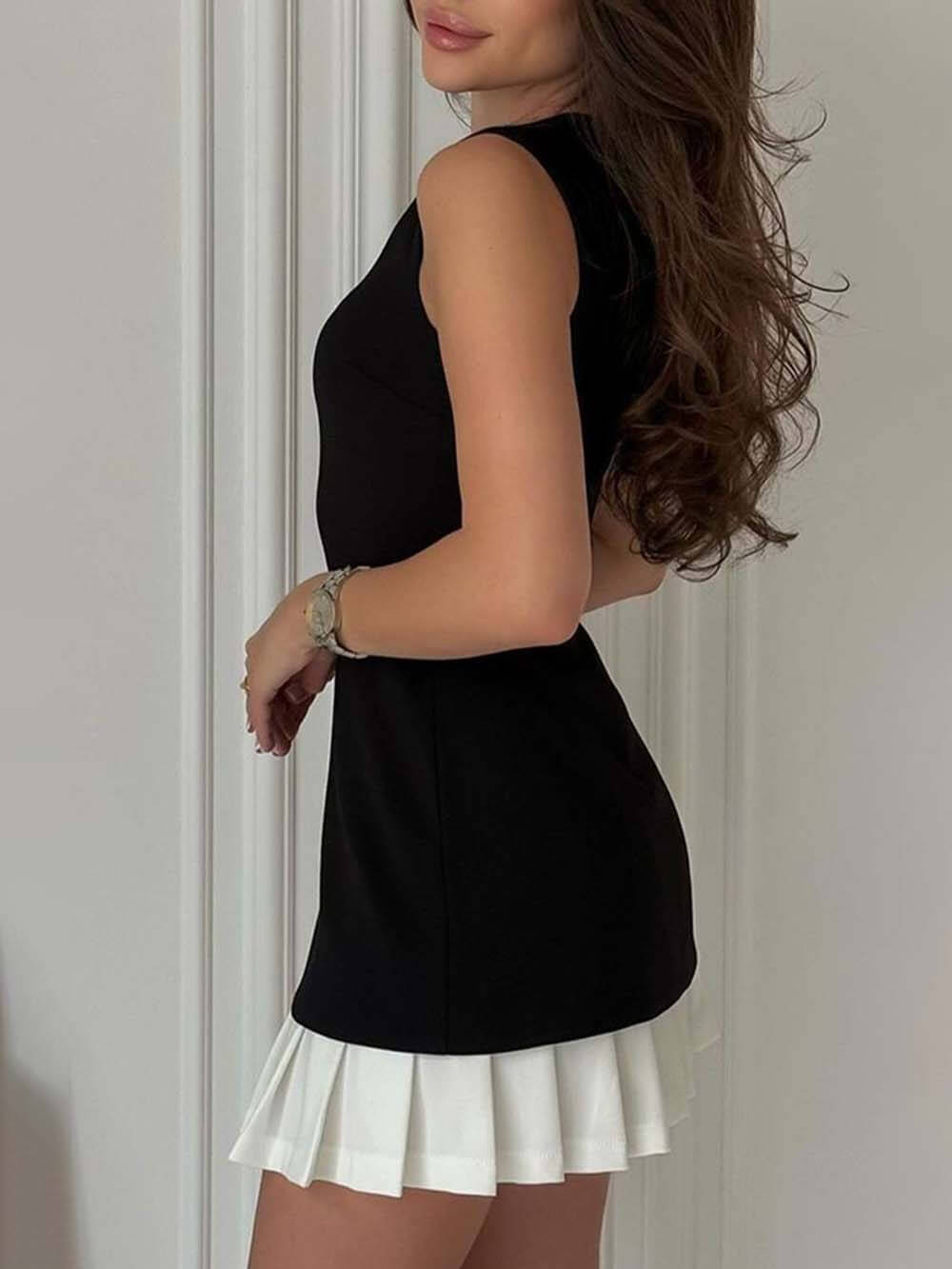 Elegante Twee-kleurige Mouwloze Geplooide Mini Jurk