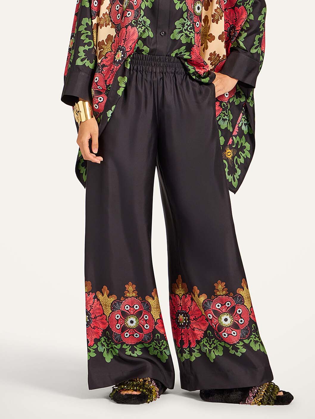 Exquisite Satin Floral Print Kimono Shirt Twee-Delige Set