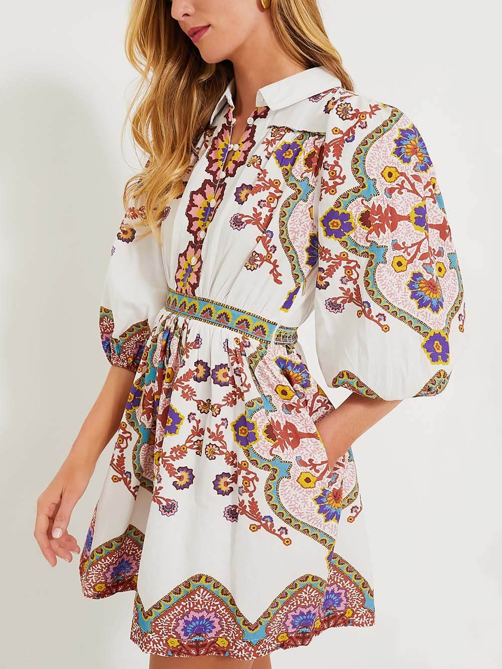 Unieke Gedrukte Puff Sleeve Pocket Shirt Mini Jurk