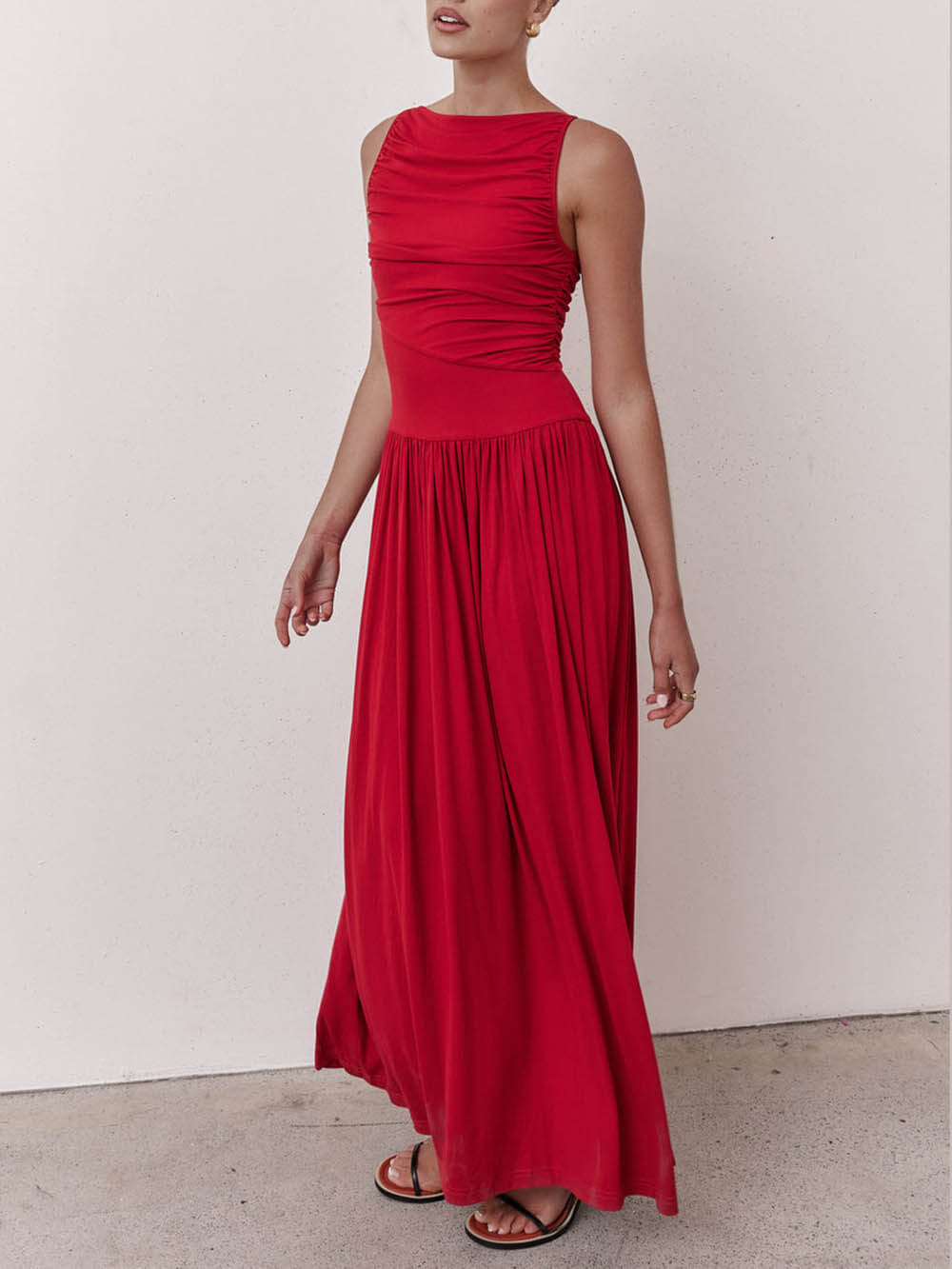 Elegante Plissé Mouwloze Maxi Jurk