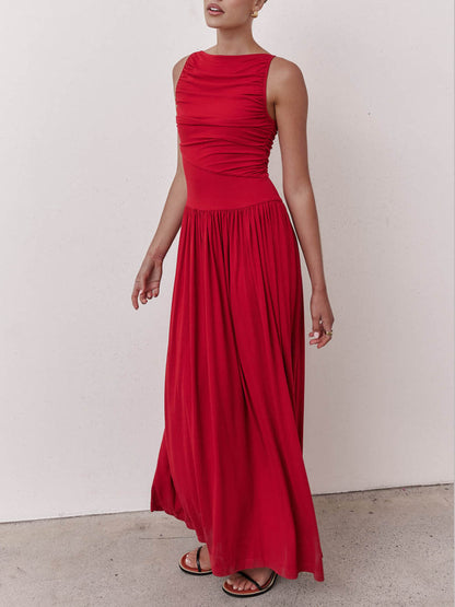 Elegante Plissé Mouwloze Maxi Jurk