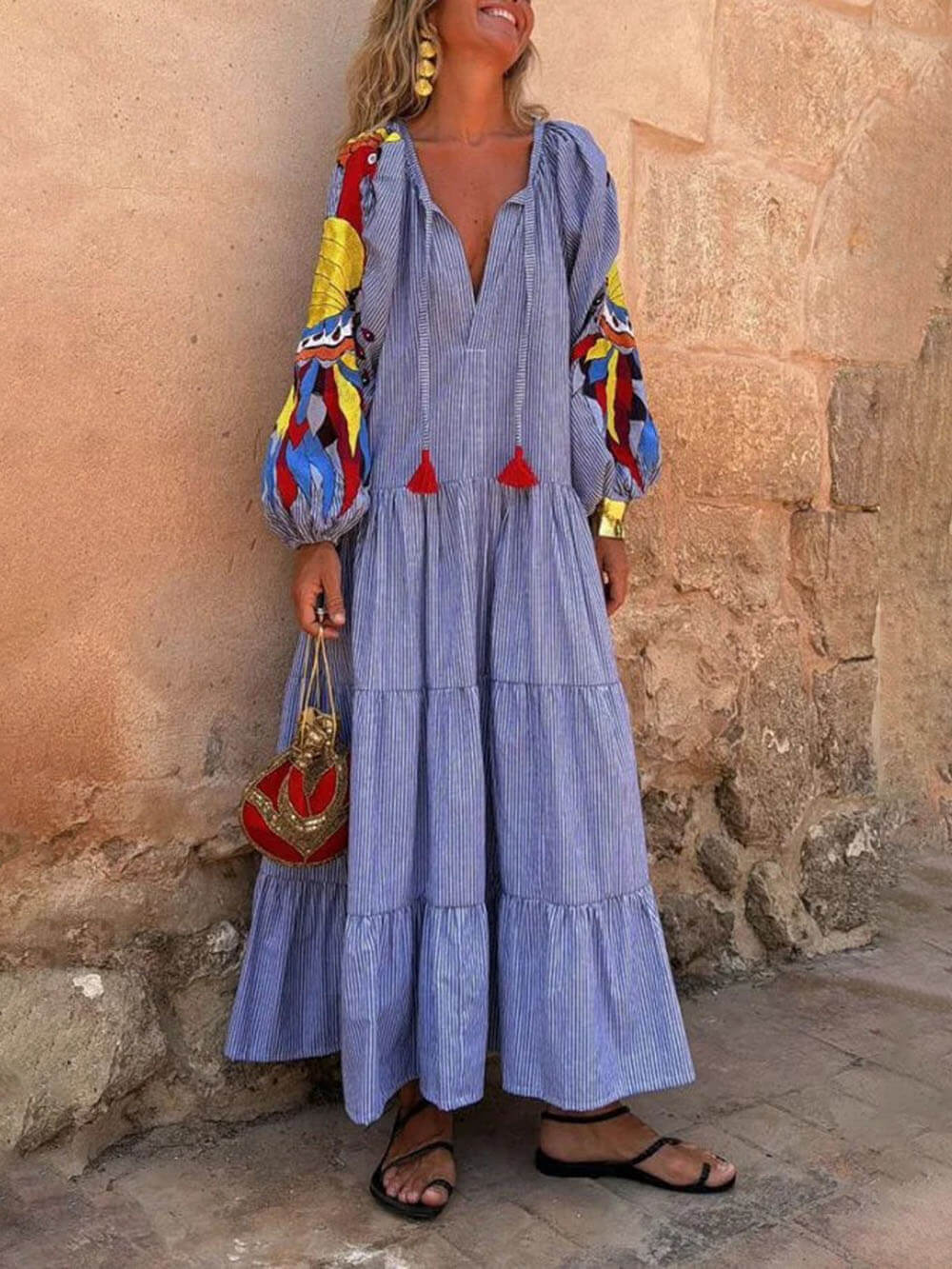 Uniek Pauwenpatroon Gestreepte Print Diepe V Losse Maxi Jurk