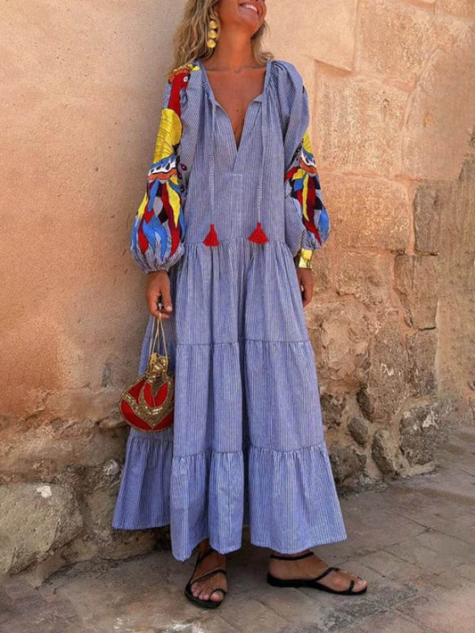 Uniek Pauwenpatroon Gestreepte Print Diepe V Losse Maxi Jurk