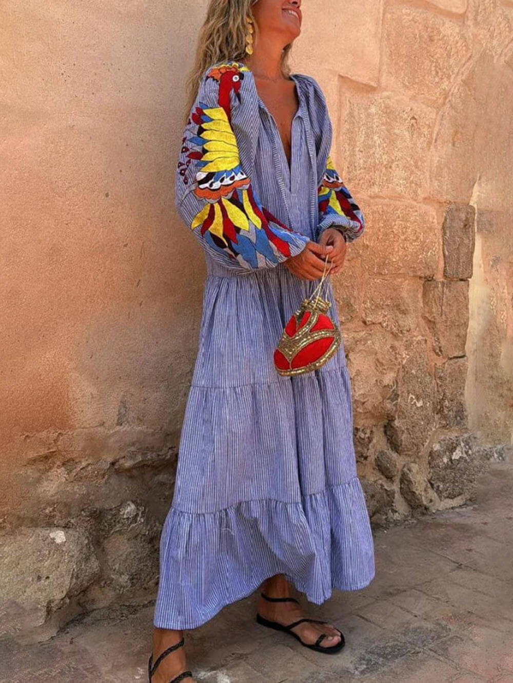 Uniek Pauwenpatroon Gestreepte Print Diepe V Losse Maxi Jurk