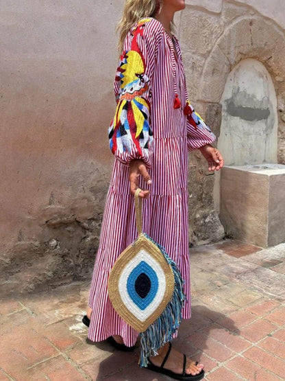 Uniek Pauwenpatroon Gestreepte Print Diepe V Losse Maxi Jurk