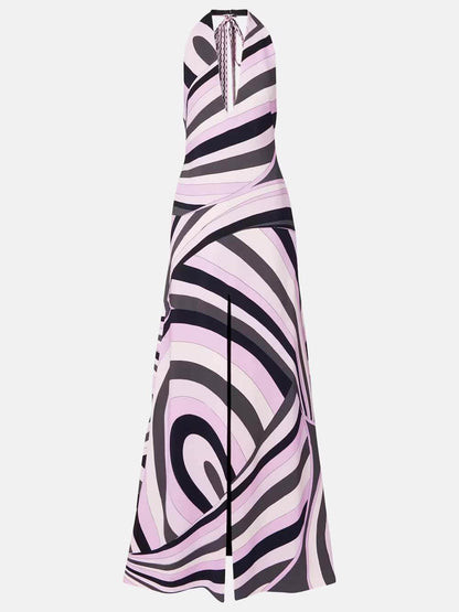 Exquise Satijnen Print Halter Rugloze Maxi Jurk