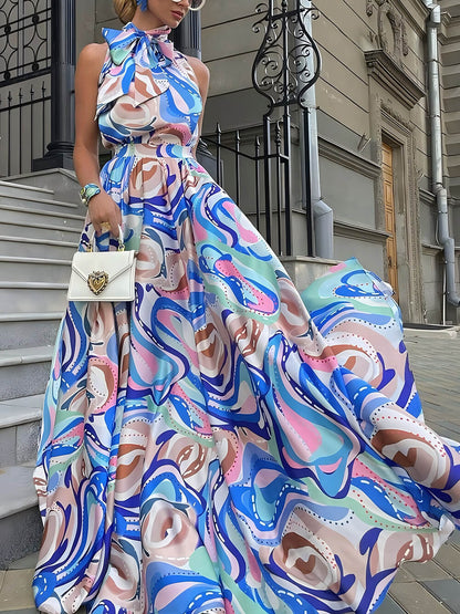 Elegante Franse Hoge Taille Chiffon Gedrukt Maxi Jurk