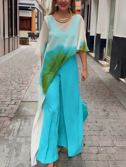 Abstract Waterverf Blauw Print Asymmetrische Twee-delige Set
