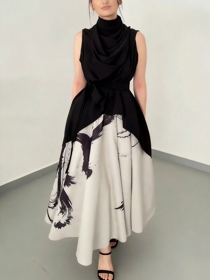 Elegante Abstracte Print Draped Midi Jurk Twee-delige Set