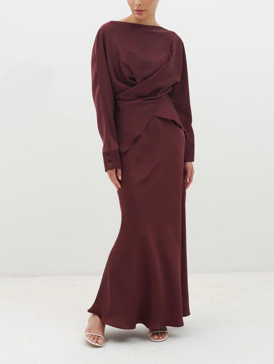 Elegante Asymmetrische Satijnen Blouse met Lange Mouwen